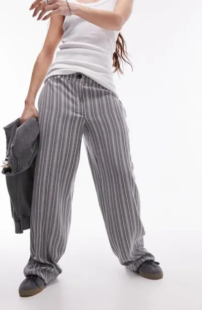 Topshop Stripe Low Rise Wide Leg Pants In Grey