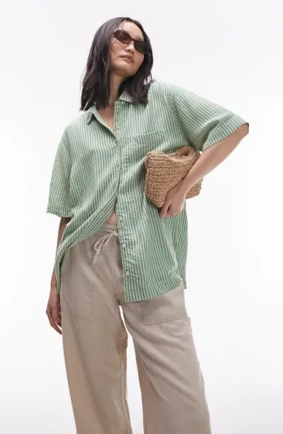 Topshop Stripe Oversize Short Sleeve Button-up Shirt In Green