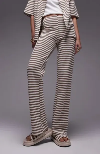 Topshop Stripe Thermal Knit Wide Leg Pants In Stone