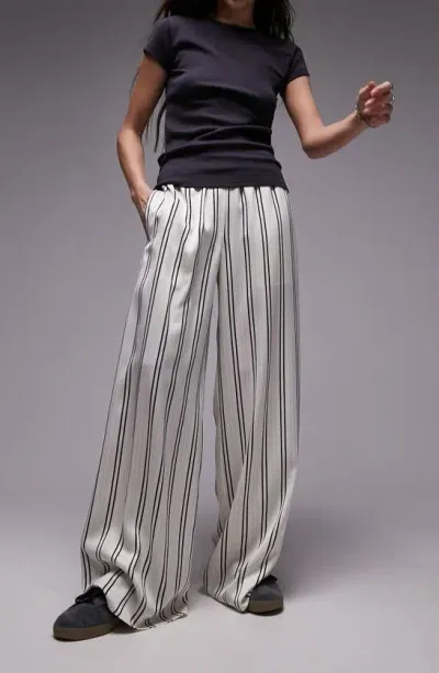 Topshop Stripe Wide Leg Satin Pants In Cream