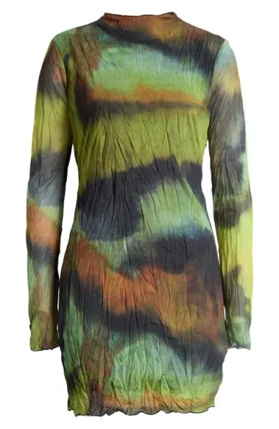 Topshop Tie Dye Long Sleeve Mesh Minidress In Dark Green Multi