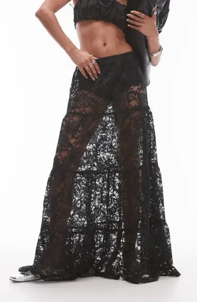 Topshop Tiered Sheer Lace Maxi Skirt In Black