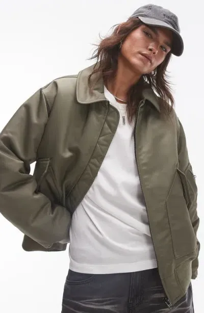 Topshop Twill Bomber Jacket In Dark Green