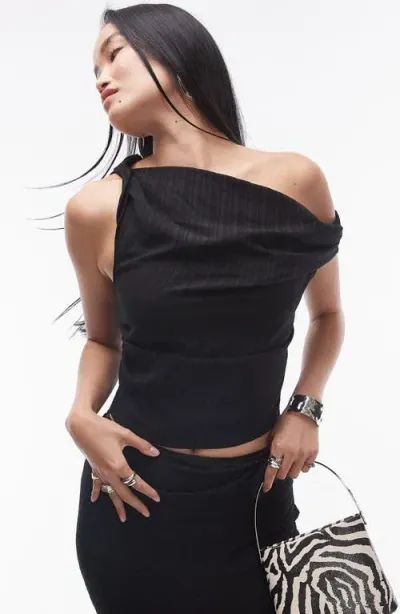 Topshop Twist Rib One-shoulder Top In Black