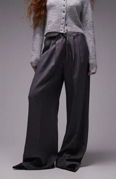 Topshop Wide Leg Drawstring Pants In Grey