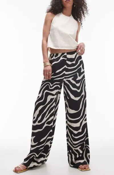 Topshop Satin Straight Leg Zebra Print Pants In Black And White-gray