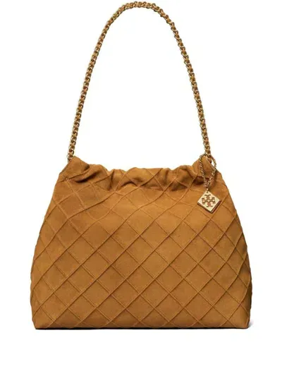 Tory Burch Fleming Soft Suede Hobo Bag In Brown