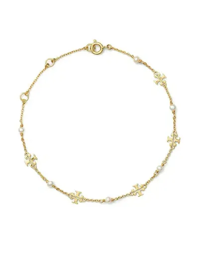 Tory Burch Kira Logo & Cultured Freshwater Pearl Link Bracelet In 18k Gold Plated In Gold/white