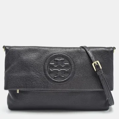 Pre-owned Tory Burch Black Leather Thea Fold Over Crossbody Bag