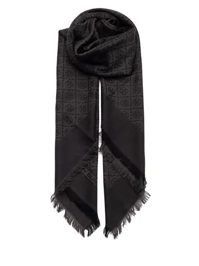 Tory Burch Black Monogram Scarf In White