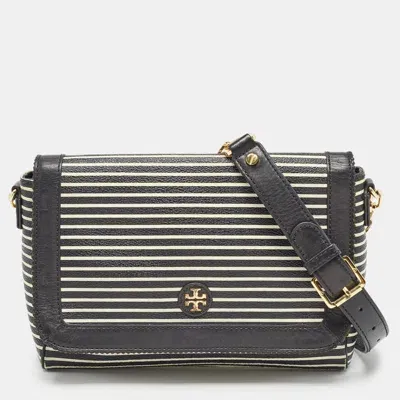 Pre-owned Tory Burch Black/white Stripe Leather Kerrington Crossbody Bag