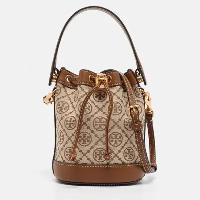 Pre-owned Tory Burch Brown/beige Canvas And Leather Mini T Monogram Bucket Bag