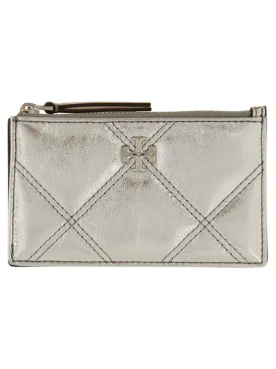 Tory Burch Card Holder "kira" With Zipper In Silver