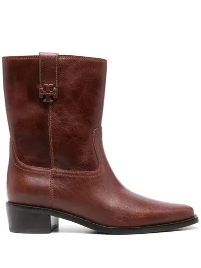 Tory Burch Cirty Western Leather Boots In Brown