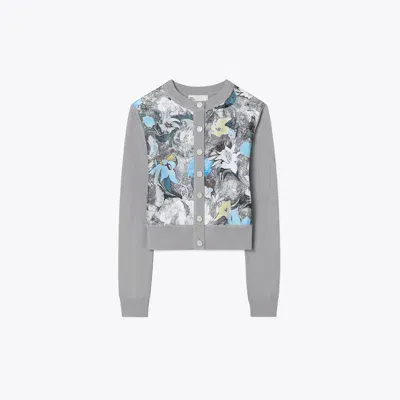 Tory Burch Cropped Silk-front Cardigan In Gray/blue Abstract Floral