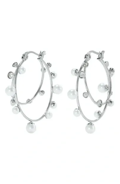 Tory Burch Crystal Double Hoop Earrings In Silver