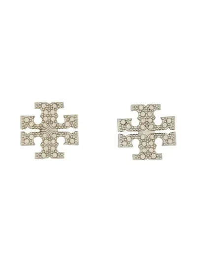 Tory Burch Crystal Logo Earrings In Silver