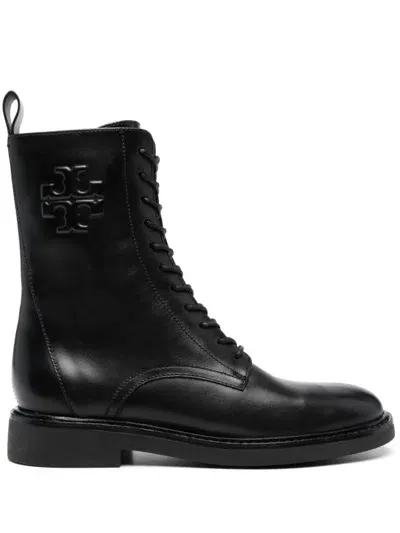 Tory Burch Double T Leather Combat Boots In Black