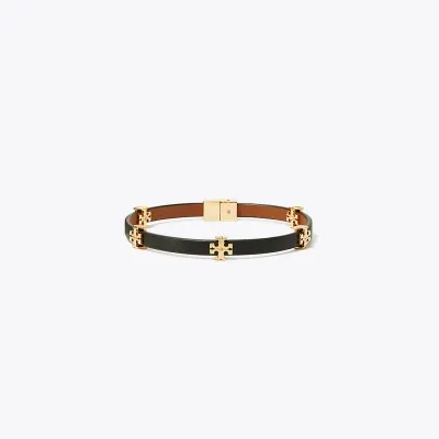 Tory Burch Eleanor Leather Bracelet In Tory Gold/black