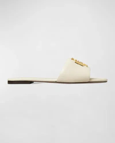 Tory Burch Eleanor Leather Medallion Flat Slide Sandals In Light Cream  Gold