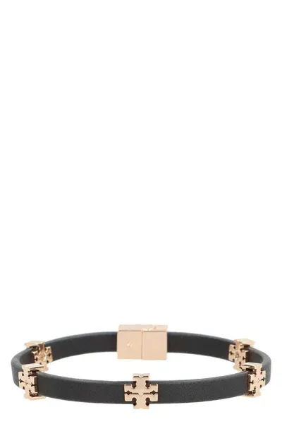 Tory Burch Eleanor Logo Charm Faux Leather Bracelet In Black