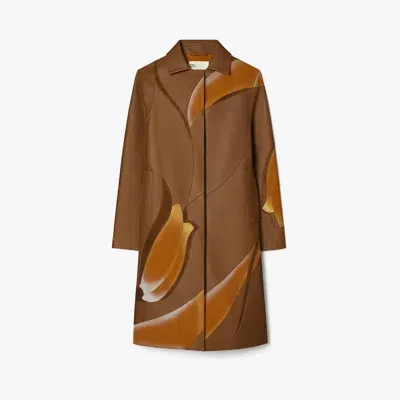 Tory Burch Embroidered Coat In Coffee Liqueúr