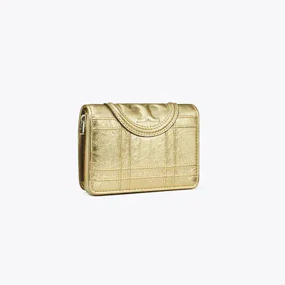 Tory Burch Fleming Soft Metallic Bi-fold Wallet In Yellow