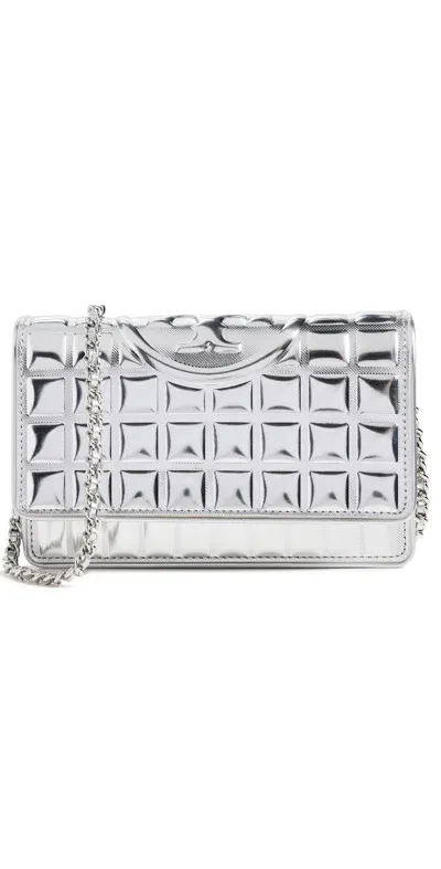 Tory Burch Fleming Soft Metallic Quilt Chain Wallet Bag Silver