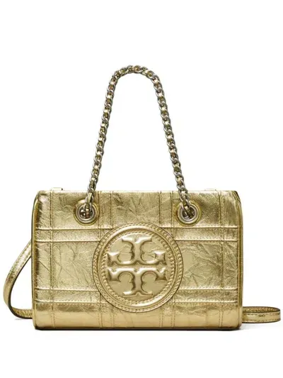 Tory Burch Fleming Soft Metallic Quilt Mini Chain Tote Bags In Grey