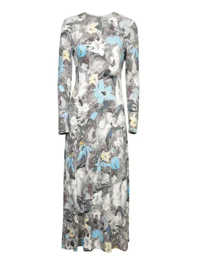 Tory Burch Floral Print Long-sleeve Maxi Dress In Viscose With Elegant Silhouette In Blue