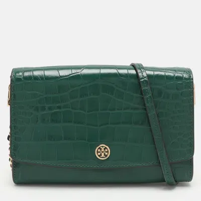 Pre-owned Tory Burch Green Croc Embossed Leather Robinson Wallet On Chain