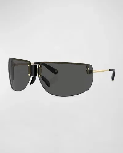 Tory Burch Half-rimmed Metal Wrap Sunglasses In Dark Grey