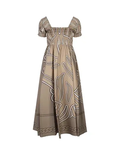 Tory Burch Khaki Zebra Scarf Cotton Midi Dress In Brown