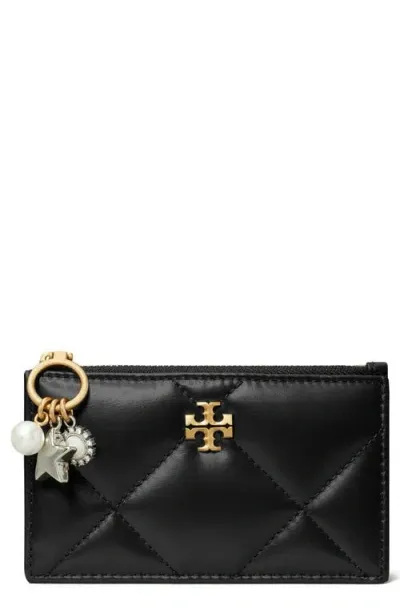 Tory Burch Kira Charm Diamond Quilted Leather Card Holder In Black