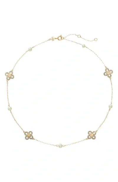 Tory Burch Kira Clover Faux Pearl Station Necklace In Tory Gold/pearl/crystal