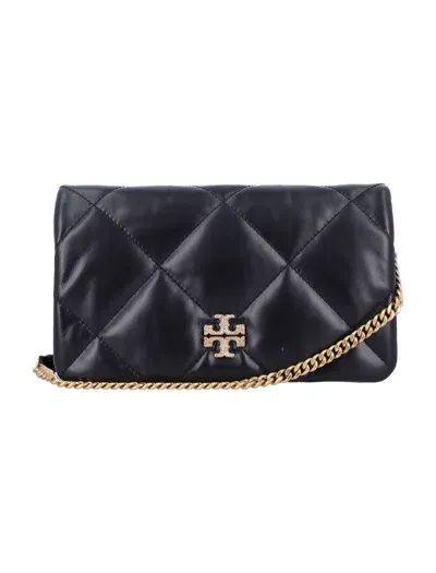 Tory Burch Kira Diamond Qilt Pavé Logo Chain Wallet In Black