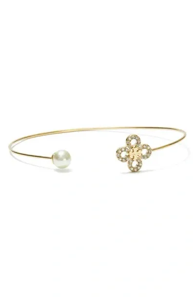 Tory Burch Kira Faux Pearl Cuff Bracelet In Tory Gold/pearl/crystal