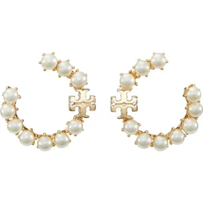 Tory Burch Kira Imitation Pearl Frontal Hoop Earrings In Tory Gold/pearl