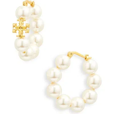 Tory Burch Kira Imitation Pearl Hoop Earrings In Rolled Brass/ivory