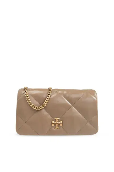 Tory Burch Kira Logo Plaque Diamond Quilt Chain Wallet In Beige