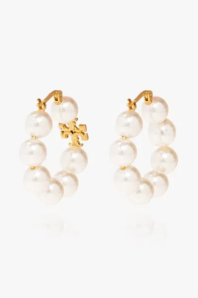 Tory Burch Kira Logo Plaque Hoop Earrings In White