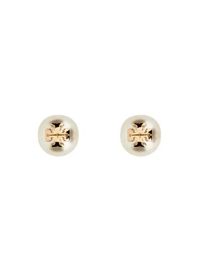 Tory Burch Kira Logo Plaque Pearl Earrings In White