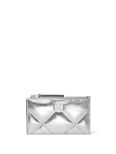 Tory Burch Kira Metallic Diamond Quilt Zip Card Case In Silver