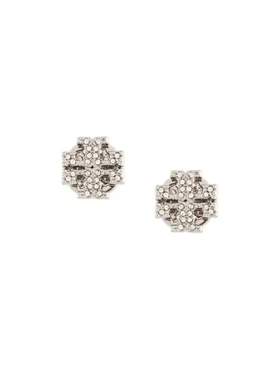 Tory Burch Crystal Logo Stud Earrings In Grey