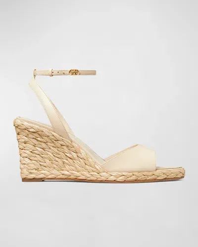 Tory Burch Leather Raffia Ankle-strap Wedge Espadrilles In New Cream