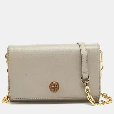 Pre-owned Tory Burch Light Grey Leather Robinson Wallet On Chain