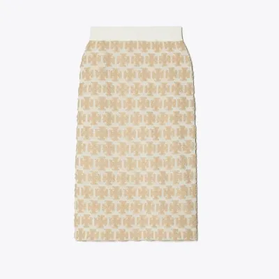 Tory Burch Bouclé Mid-length Skirt In Sand Beige And Cloud White