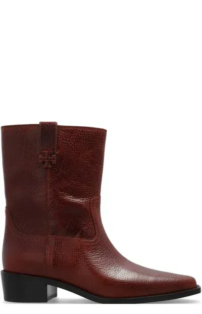 Tory Burch Logo Embossed Ankle Boots In Brown