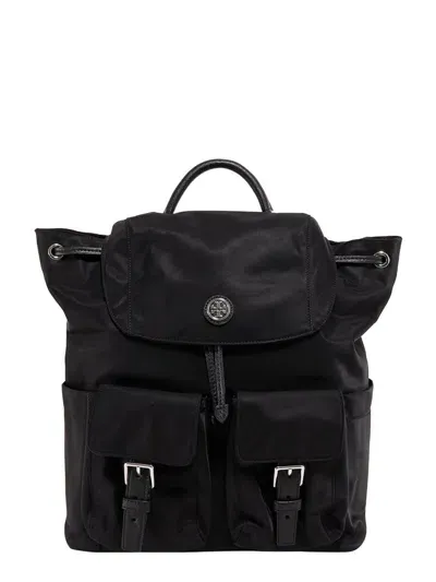 Tory Burch Logo Plaque Drawstring Backpack In Black