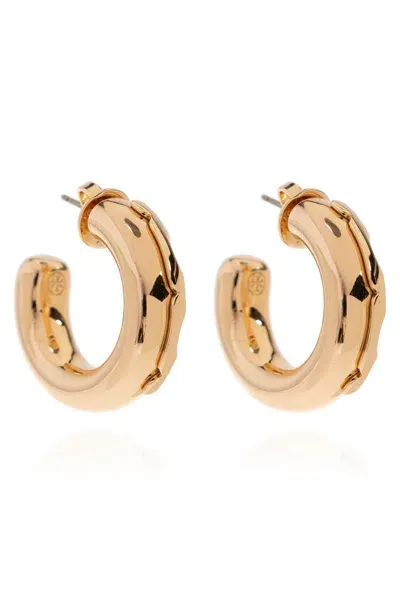 Tory Burch Logo Plaque Hoop Earrings In Gold